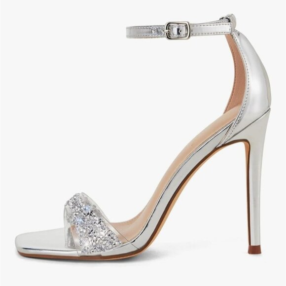 Womens Silver 8.5" Glitter Stiletto 4" Strappy High Heels Sandal Ankle Strap - Picture 2 of 16